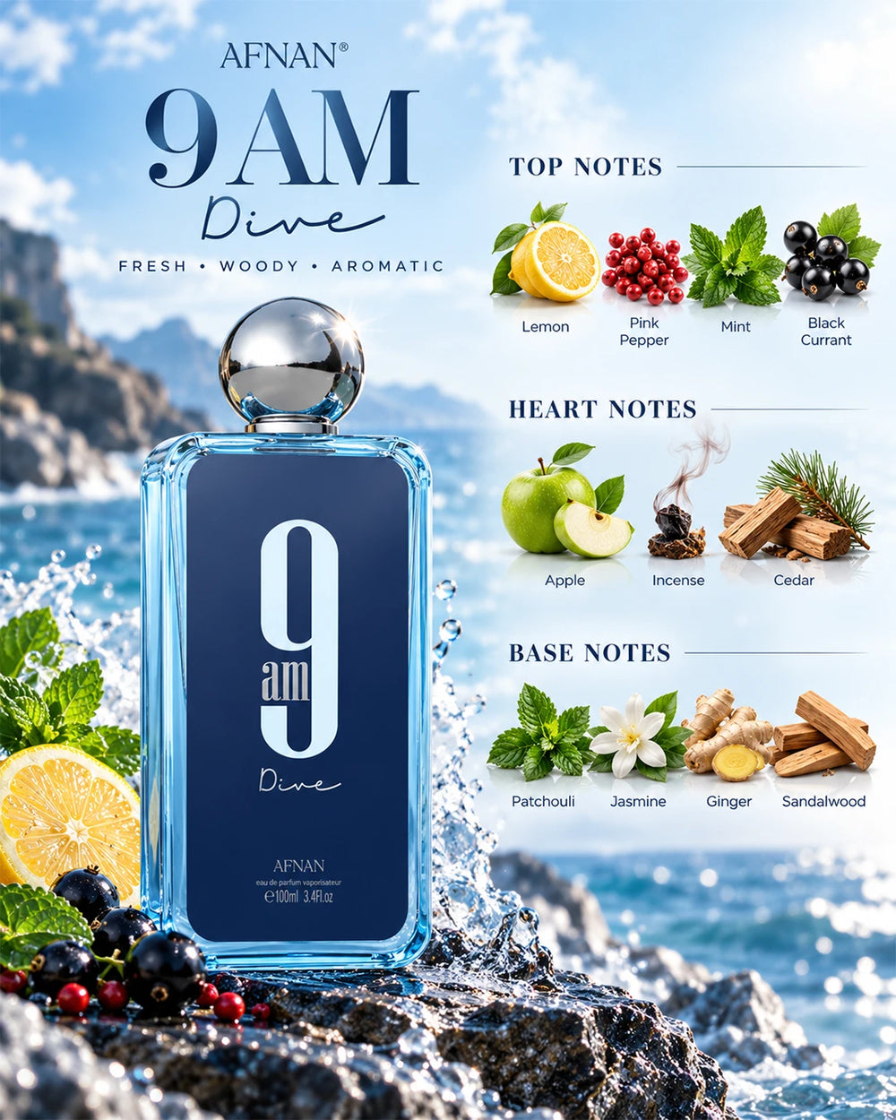 Afnan 9 AM Dive fragrance notes with lemon, mint, apple, incense, cedar, patchouli, jasmine, ginger and sandalwood