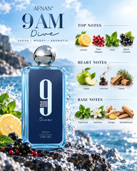 Afnan 9 AM Dive fragrance notes with lemon, mint, apple, incense, cedar, patchouli, jasmine, ginger and sandalwood