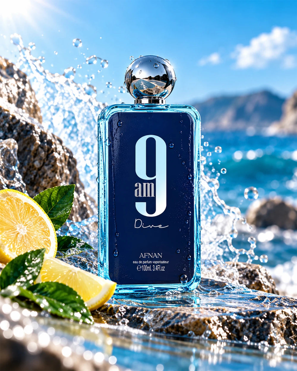 Afnan 9 AM Dive unisex perfume in a fresh aquatic daytime setting