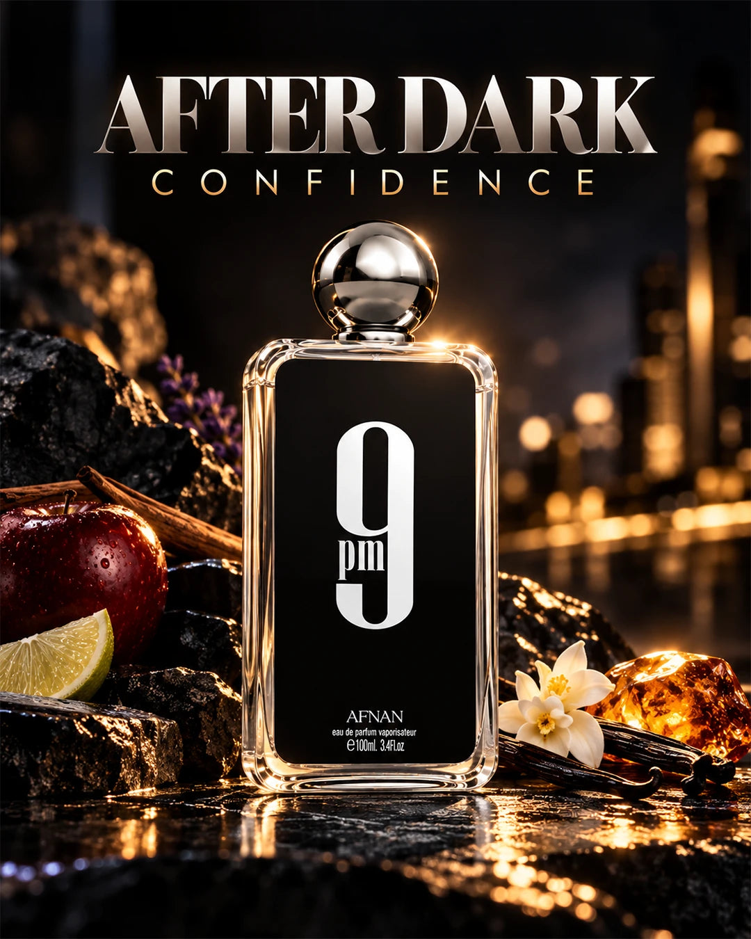 Afnan 9 PM men’s fragrance with a bold fruity spicy and warm after-dark character