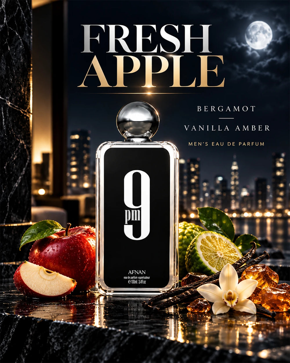 Afnan 9 PM fragrance visual with apple, bergamot, vanilla and amber notes