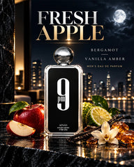 Afnan 9 PM fragrance visual with apple, bergamot, vanilla and amber notes
