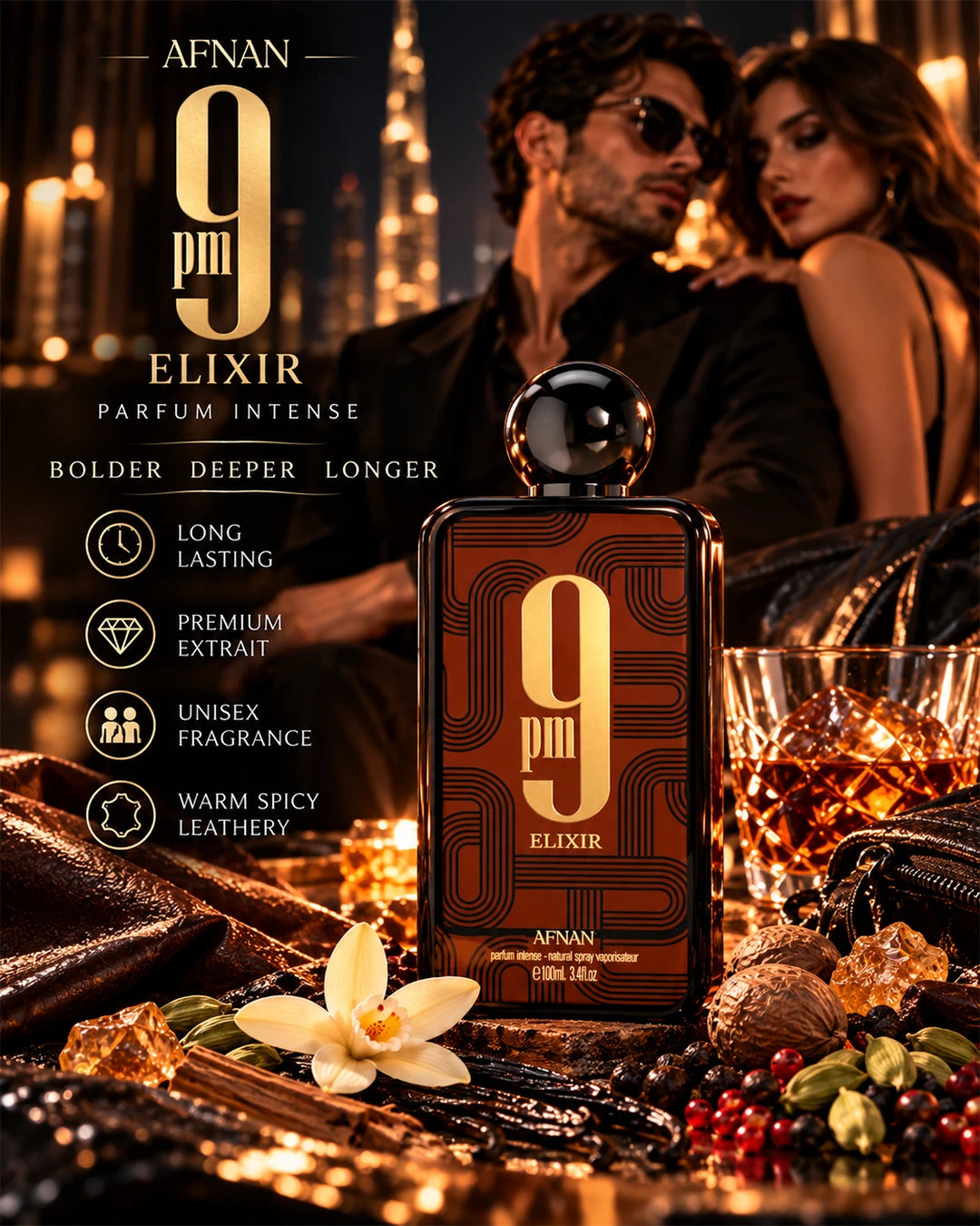 Afnan 9 PM Elixir unisex fragrance in a bold luxury evening setting