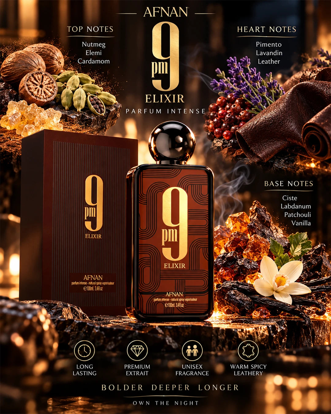 Afnan 9 PM Elixir notes with nutmeg, elemi, cardamom, leather, labdanum, patchouli and vanilla