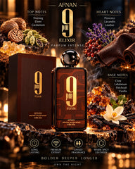 Afnan 9 PM Elixir notes with nutmeg, elemi, cardamom, leather, labdanum, patchouli and vanilla