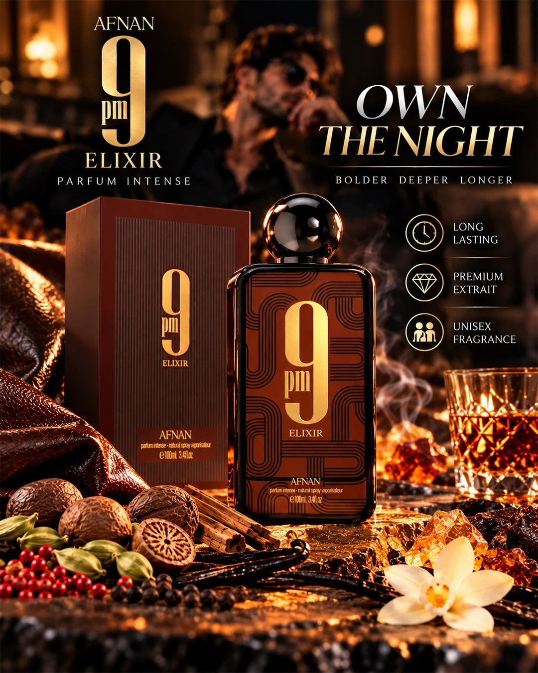 Afnan 9 PM Elixir premium unisex Extrait de Parfum for evening wear