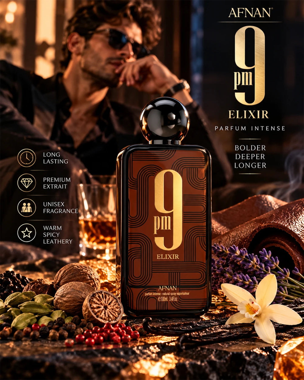 Afnan 9 PM Elixir with a warm spicy leathery evening fragrance character