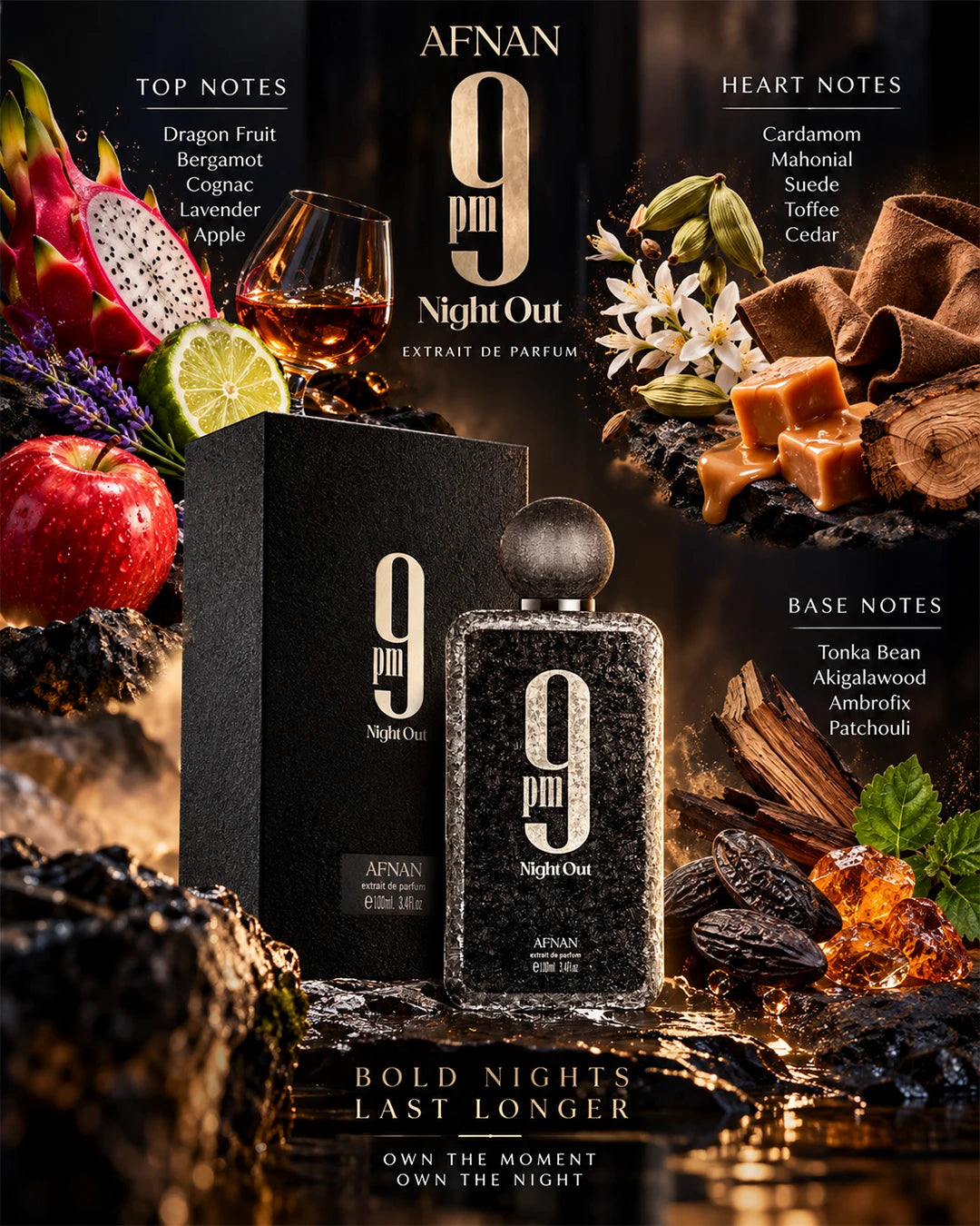 Afnan 9 PM Night Out fragrance notes with fruity spicy and amber profile