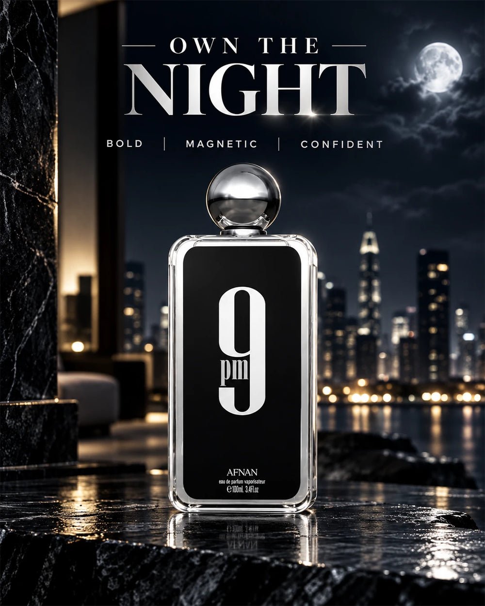 Afnan 9 PM men’s perfume in a bold night setting with Own The Night styling