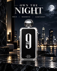 Afnan 9 PM men’s perfume in a bold night setting with Own The Night styling