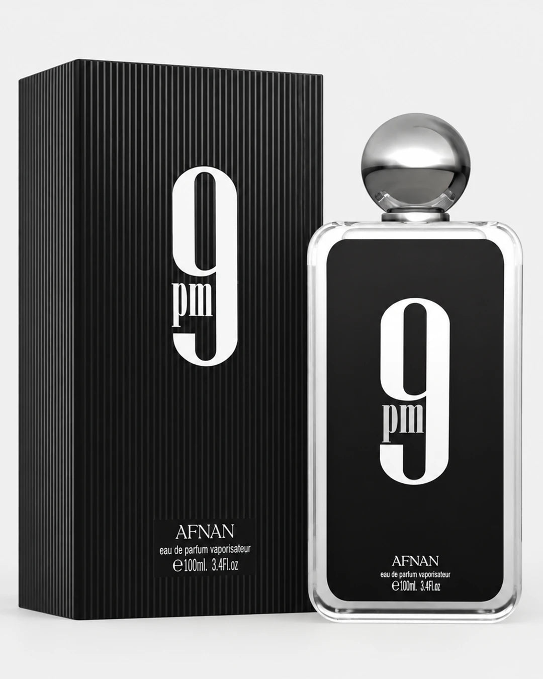 Afnan 9 PM Eau de Parfum 100ml for men with black box and perfume bottle