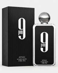 Afnan 9 PM Eau de Parfum 100ml for men with black box and perfume bottle