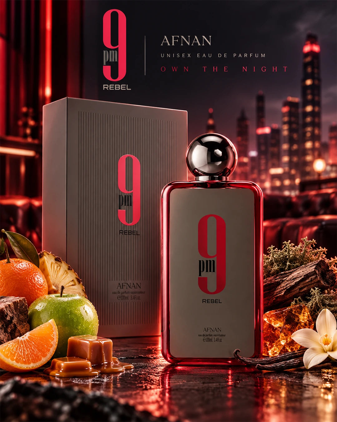 Afnan 9 PM Rebel unisex fragrance with an amber fruity and woody character