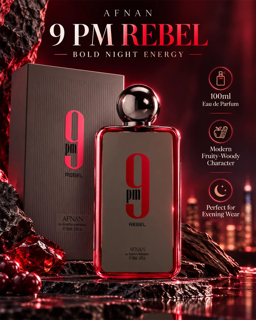 Afnan 9 PM Rebel EDP 100ml bottle and cap craftsmanship detail
