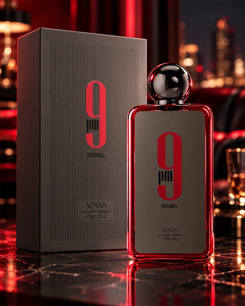 Afnan 9 PM Rebel unisex perfume in a bold fruity woody fragrance setting