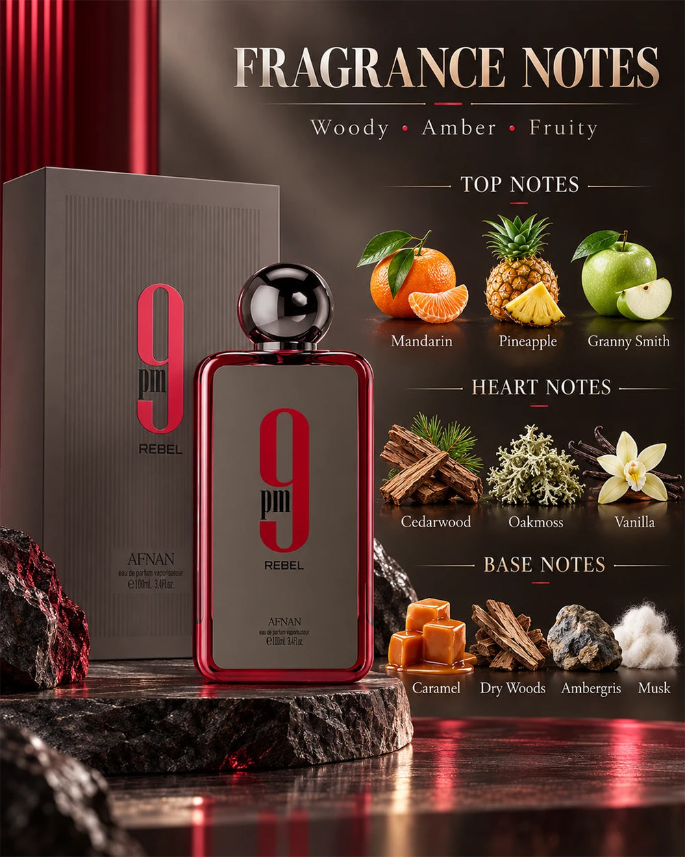 Afnan 9 PM Rebel fragrance notes with pineapple, apple, vanilla, caramel, woods, ambergris and musk