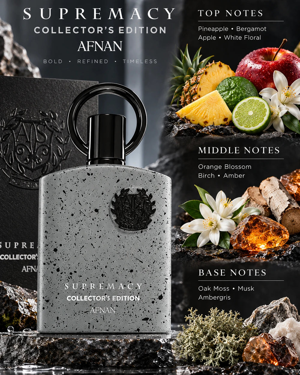 Afnan Supremacy Collector's Edition notes with pineapple, bergamot, apple, orange blossom, birch, amber, oak moss, musk and ambergris