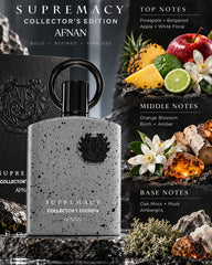 Afnan Supremacy Collector's Edition notes with pineapple, bergamot, apple, orange blossom, birch, amber, oak moss, musk and ambergris