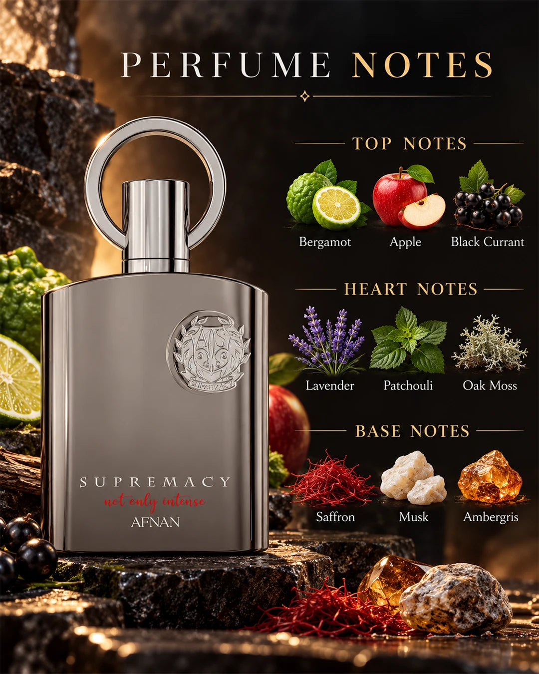 Afnan Supremacy Not Only Intense perfume notes with bergamot apple black currant lavender patchouli oak moss saffron musk and ambergris