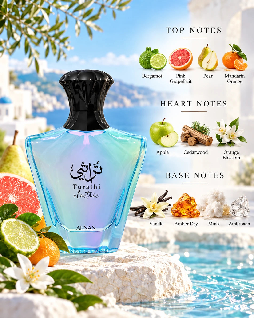 Afnan Turathi Electric fragrance notes with bergamot grapefruit pear apple vanilla and musk