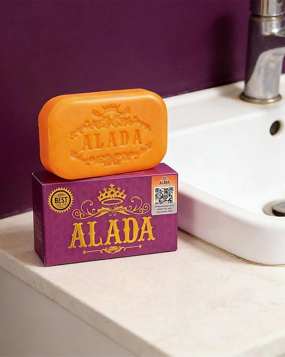 ALADA Instant Whitening Soap 160g displayed beside a bathroom sink in a skincare lifestyle setting