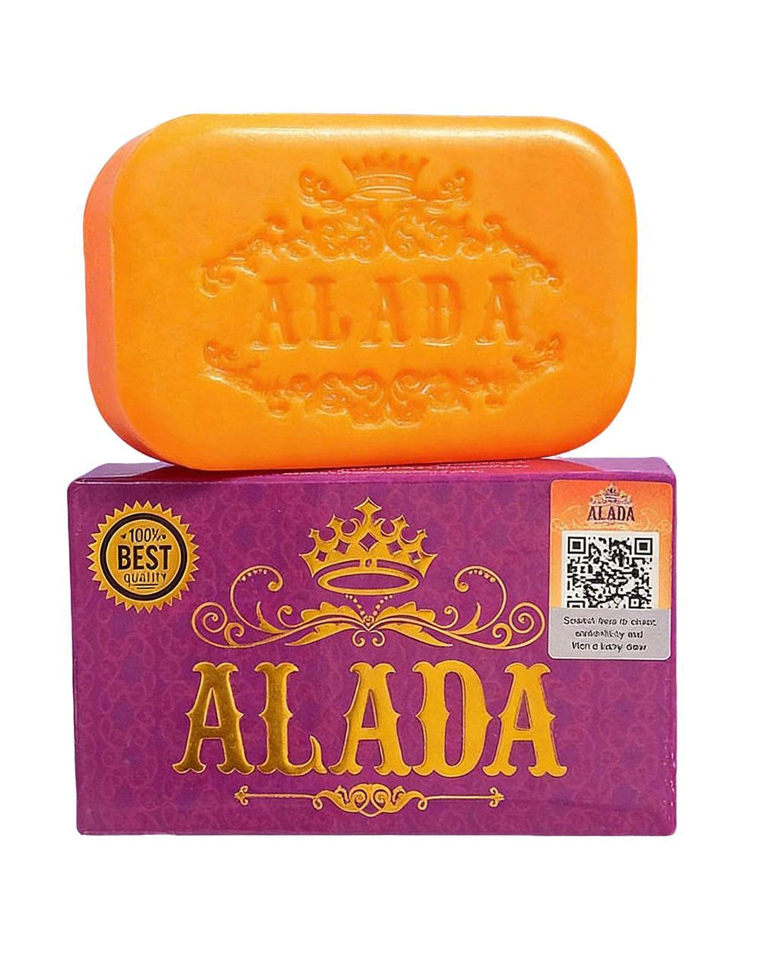 ALADA Instant Whitening Soap 160g with orange soap bar and purple box on a clean white background