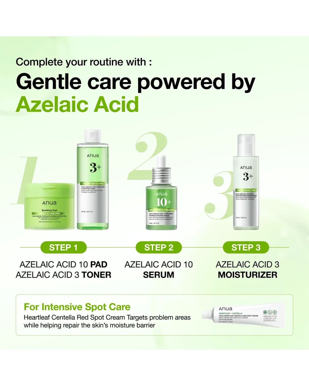 Anua Azelaic Acid skincare routine with soothing pad, toner, serum, moisturizer and spot cream