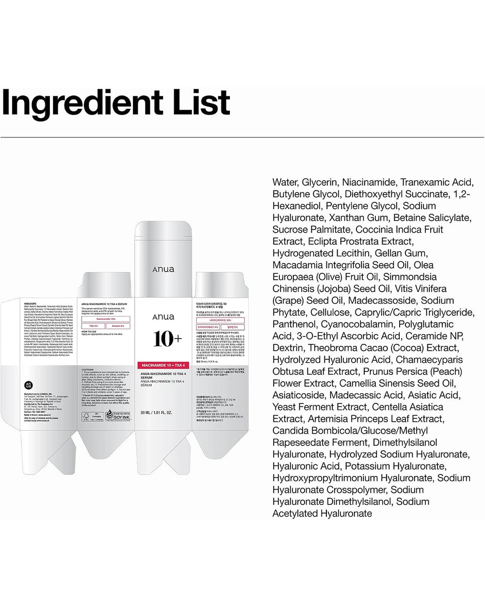 Anua Niacinamide 10+ TXA 4 Serum ingredient list with product lineup image