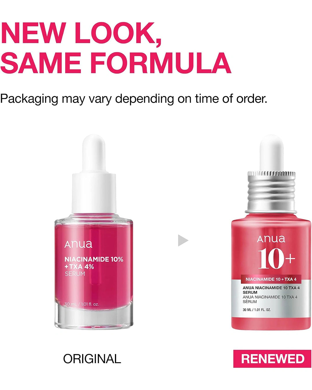 Anua Niacinamide 10+ TXA 4 Serum original and renewed packaging comparison
