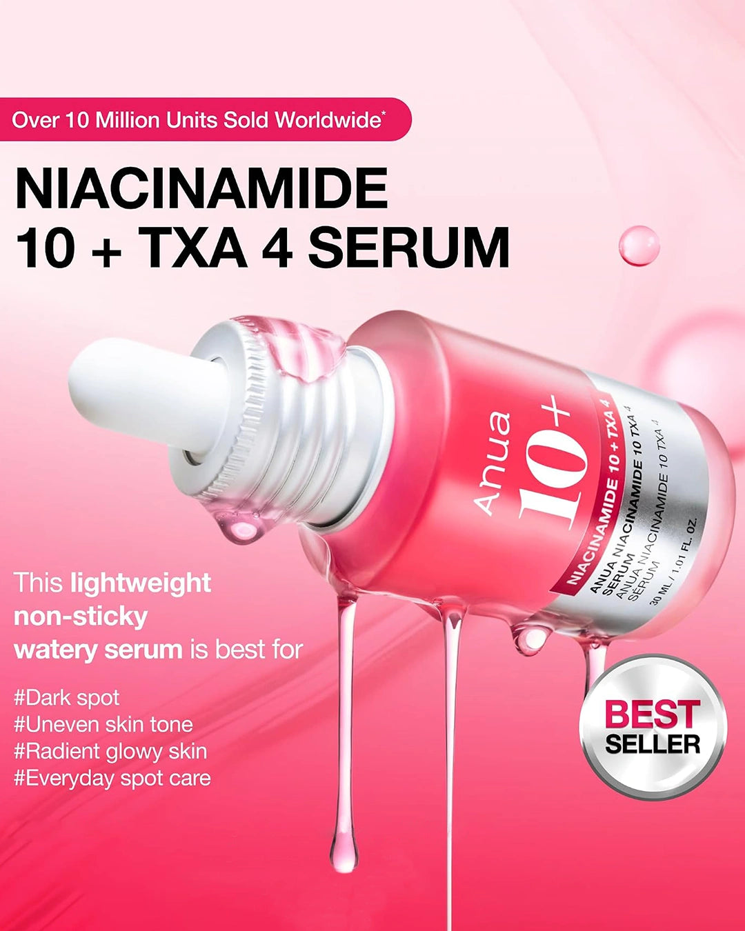 Anua Niacinamide 10+ TXA 4 Serum product highlight image with lightweight non-sticky formula message