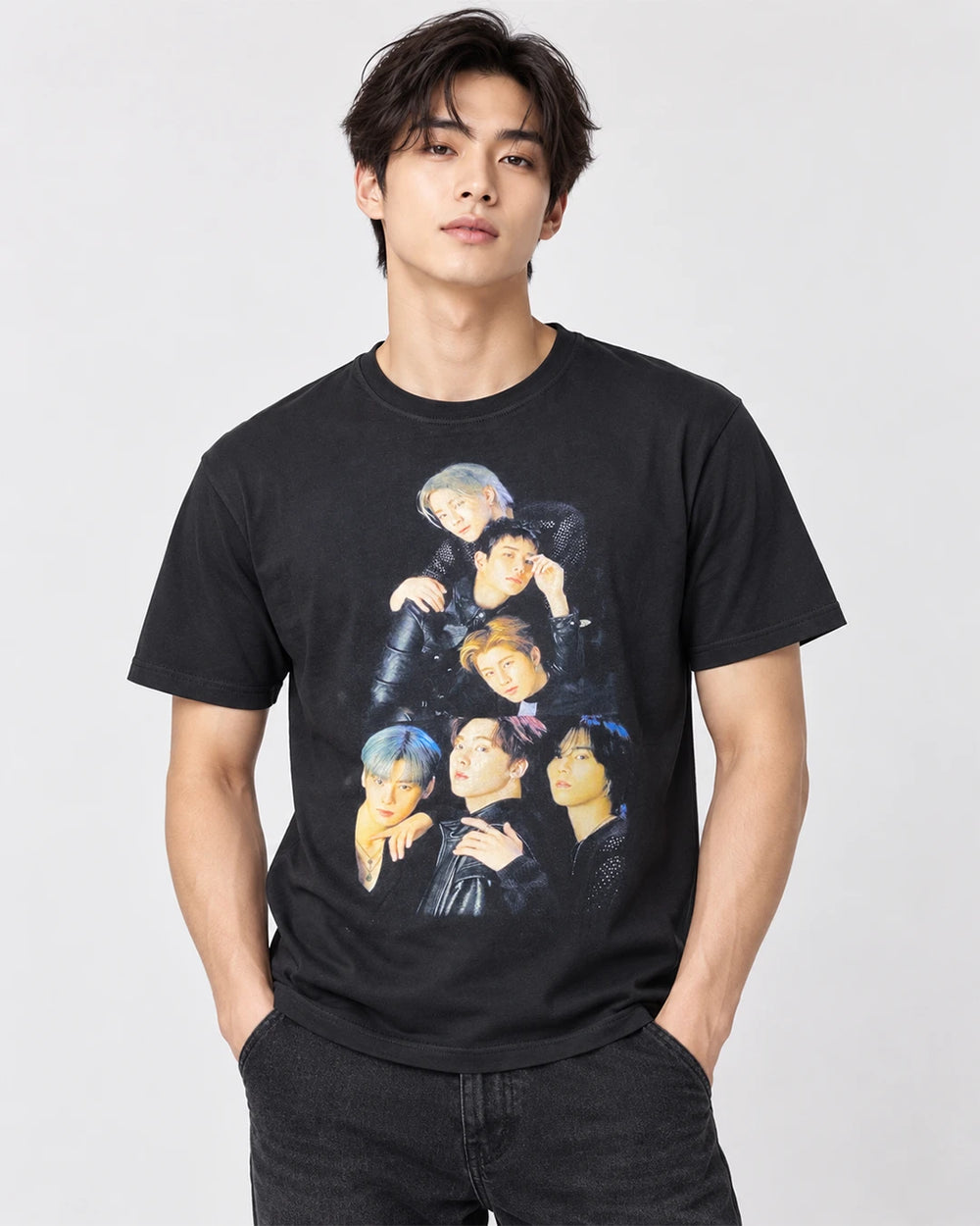 Model wearing ASTRO group black graphic K-pop T-shirt, front view