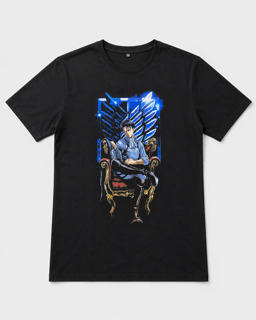 Attack on Titan Levi Ackerman black graphic T-shirt with blue anime front print, 100% cotton