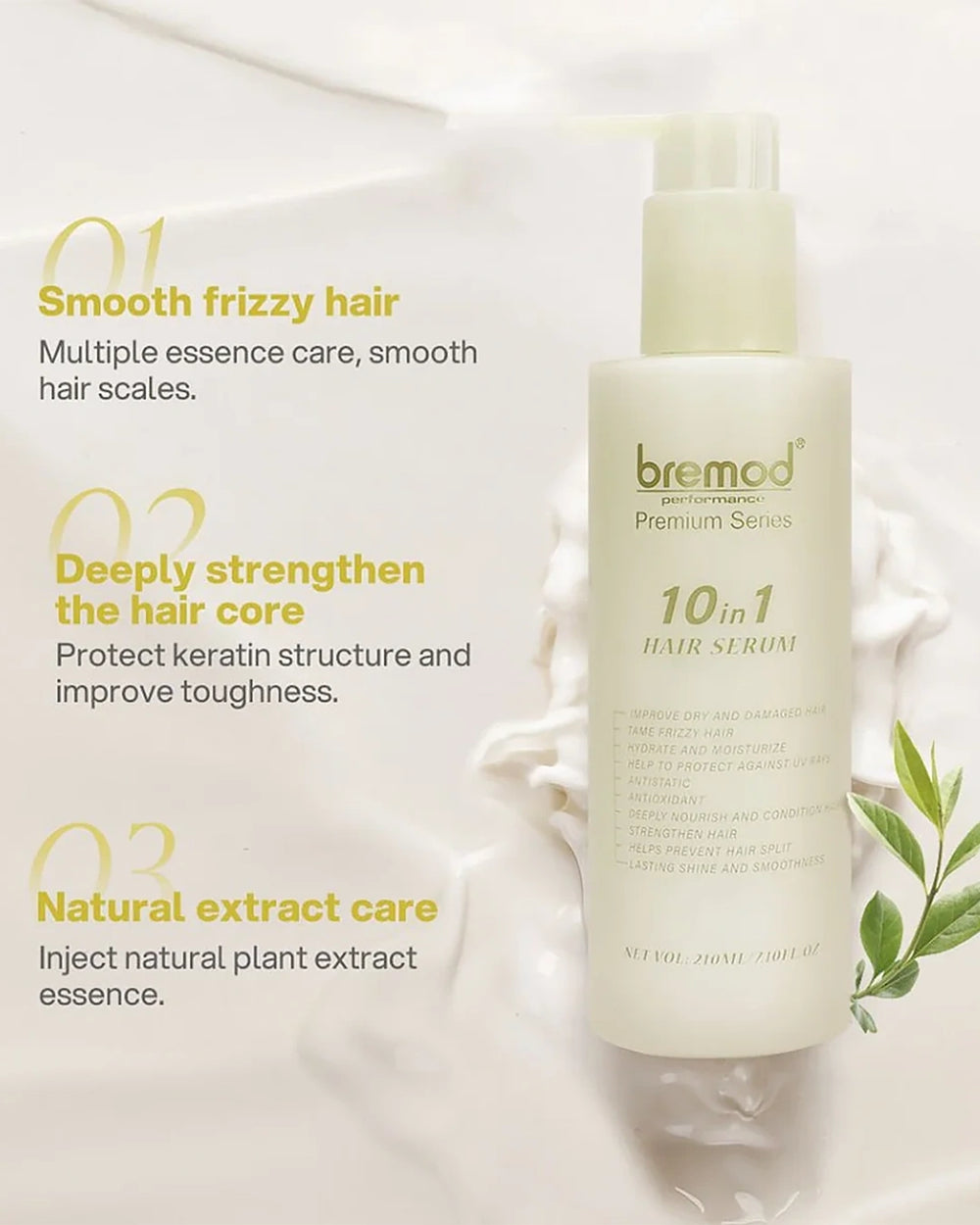Bremod 10 in 1 Hair Cream Serum 210ml infographic highlighting smoother frizzy hair, nourishing care and stronger-looking hair