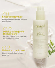 Bremod 10 in 1 Hair Cream Serum 210ml infographic highlighting smoother frizzy hair, nourishing care and stronger-looking hair