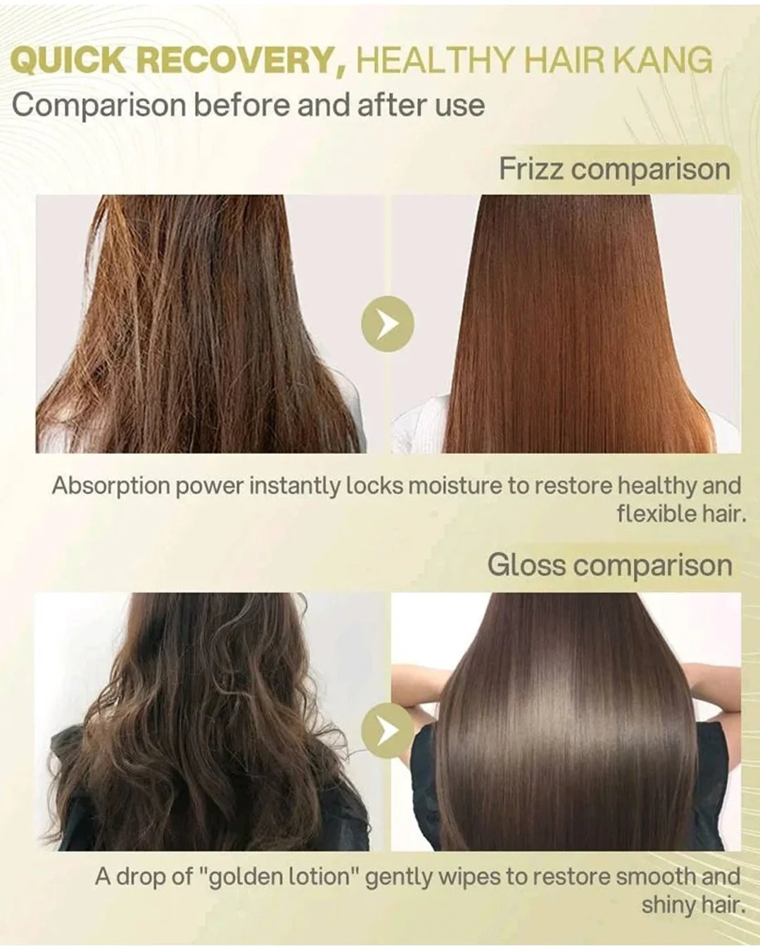 Hair frizz and shine comparison graphic promoting Bremod 10 in 1 Hair Cream Serum for smoother, glossier-looking hair