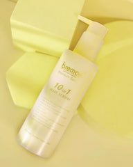Bremod Performance 10 in 1 leave-in hair cream serum 210ml on a yellow studio background, designed to smooth and soften hair
