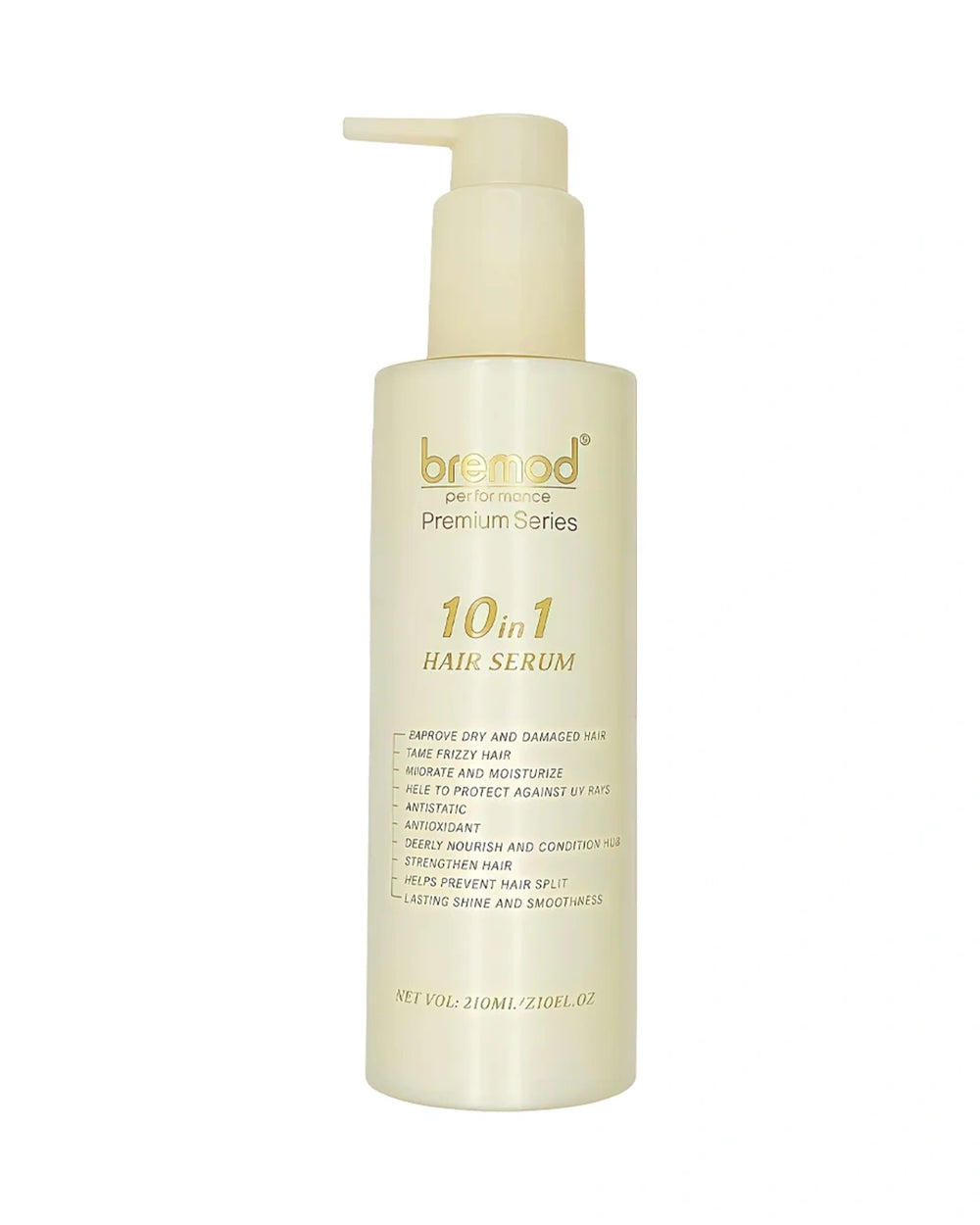 Bremod Performance Premium Series 10 in 1 Hair Cream Serum 210ml in a cream-colored pump bottle for smoother, softer-looking hair
