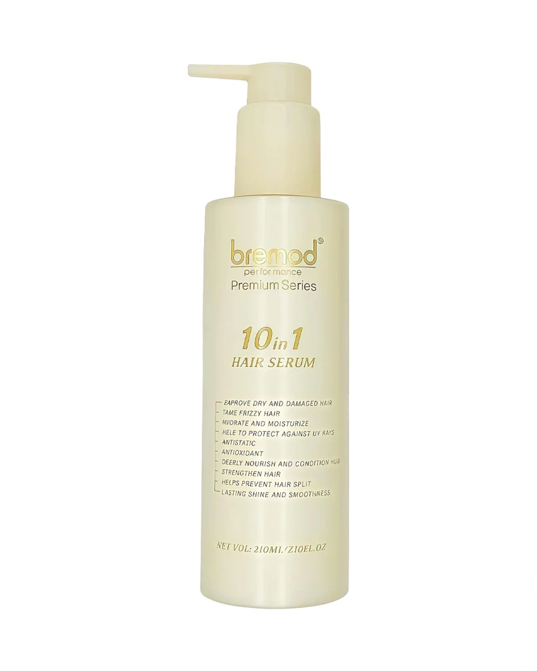 Bremod Performance Premium Series 10 in 1 Hair Cream Serum 210ml in a cream-colored pump bottle for smoother, softer-looking hair