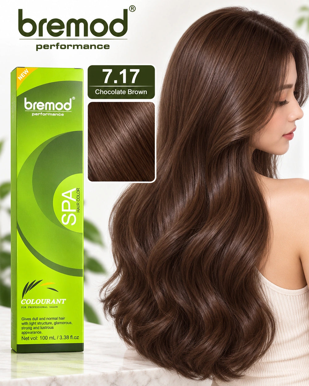 Bremod Performance SPA Hair Color 7.17 Chocolate Brown 100ml showing glossy chocolate brown hair color result