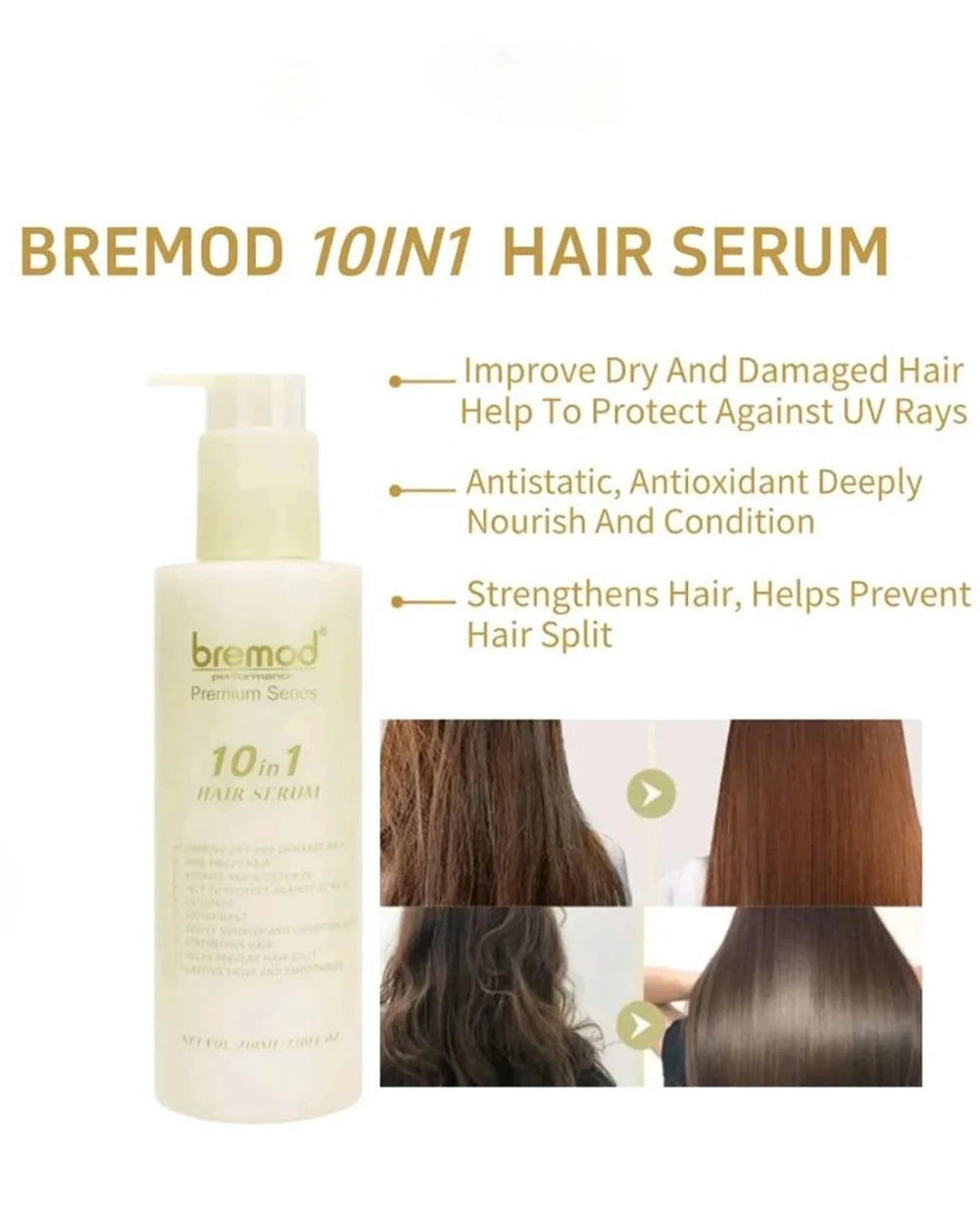 Bremod 10 in 1 Hair Cream Serum infographic showing the bottle, hair texture examples and care benefits for dry and damaged-looking hair