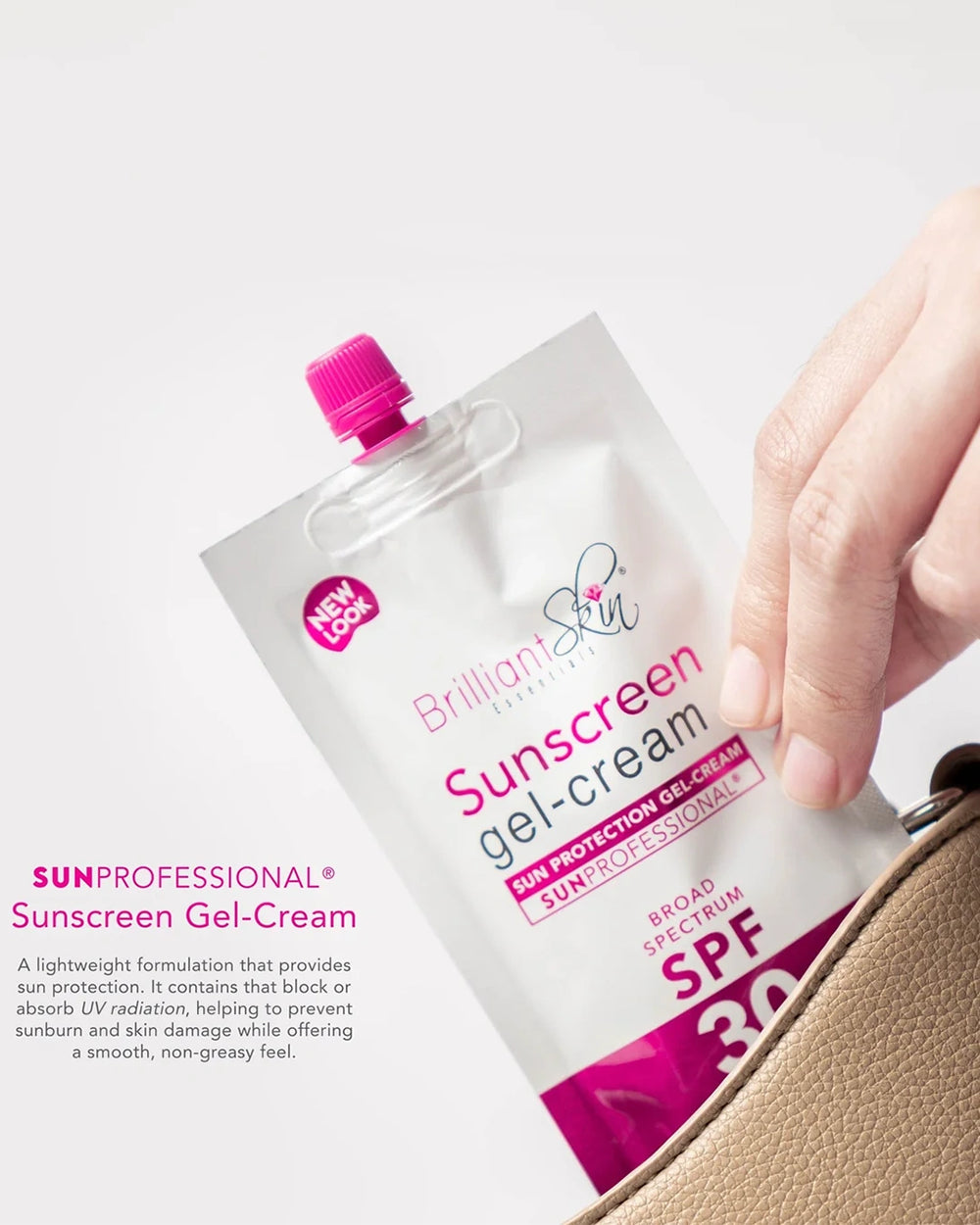Brilliant Skin Sunscreen Gel-Cream SPF 30 pouch held in hand with cream being applied to skin