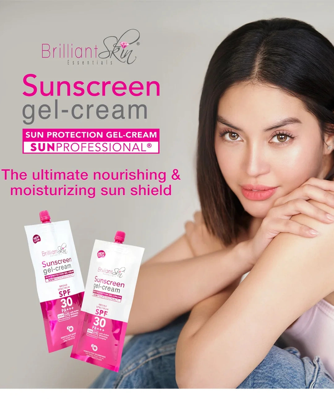 Model posing beside Brilliant Skin Sunscreen Gel-Cream SPF 30 product packaging in a promotional skincare image