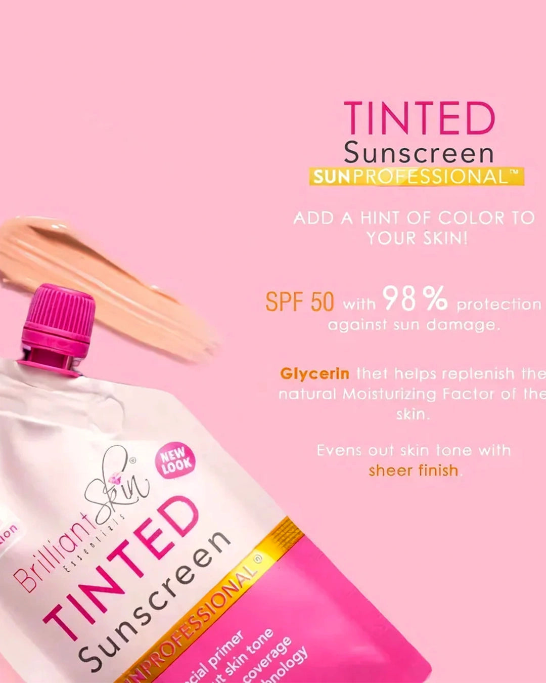Brilliant Skin Tinted Sunscreen product infographic highlighting lightweight tinted coverage and SPF 50 sun protection
