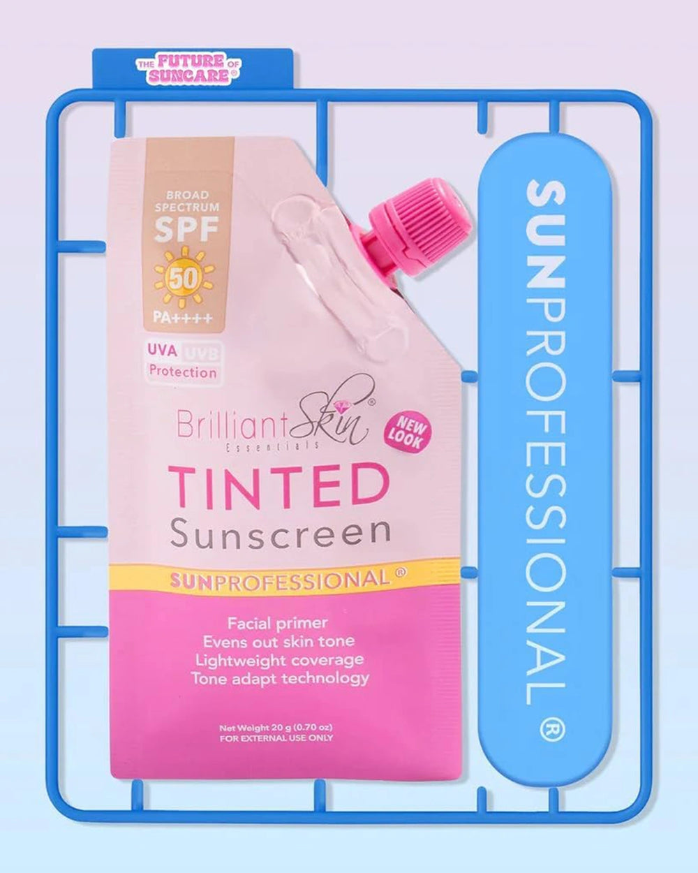 Brilliant Skin Tinted Sunscreen pink pouch displayed inside a blue Sunprofessional graphic frame