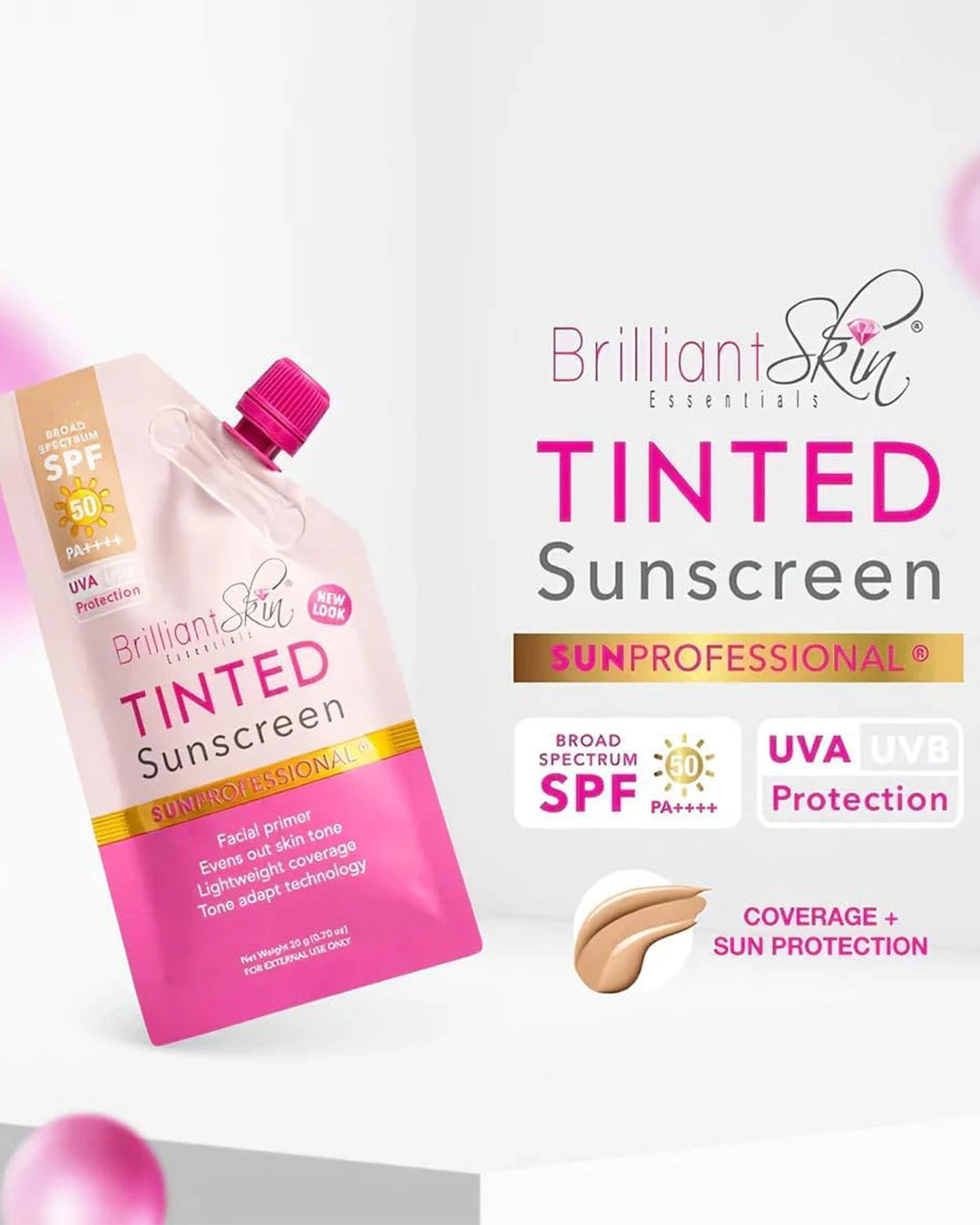 Brilliant Skin Tinted Sunscreen SPF 50 product display highlighting UVA and UVB protection and lightweight coverage