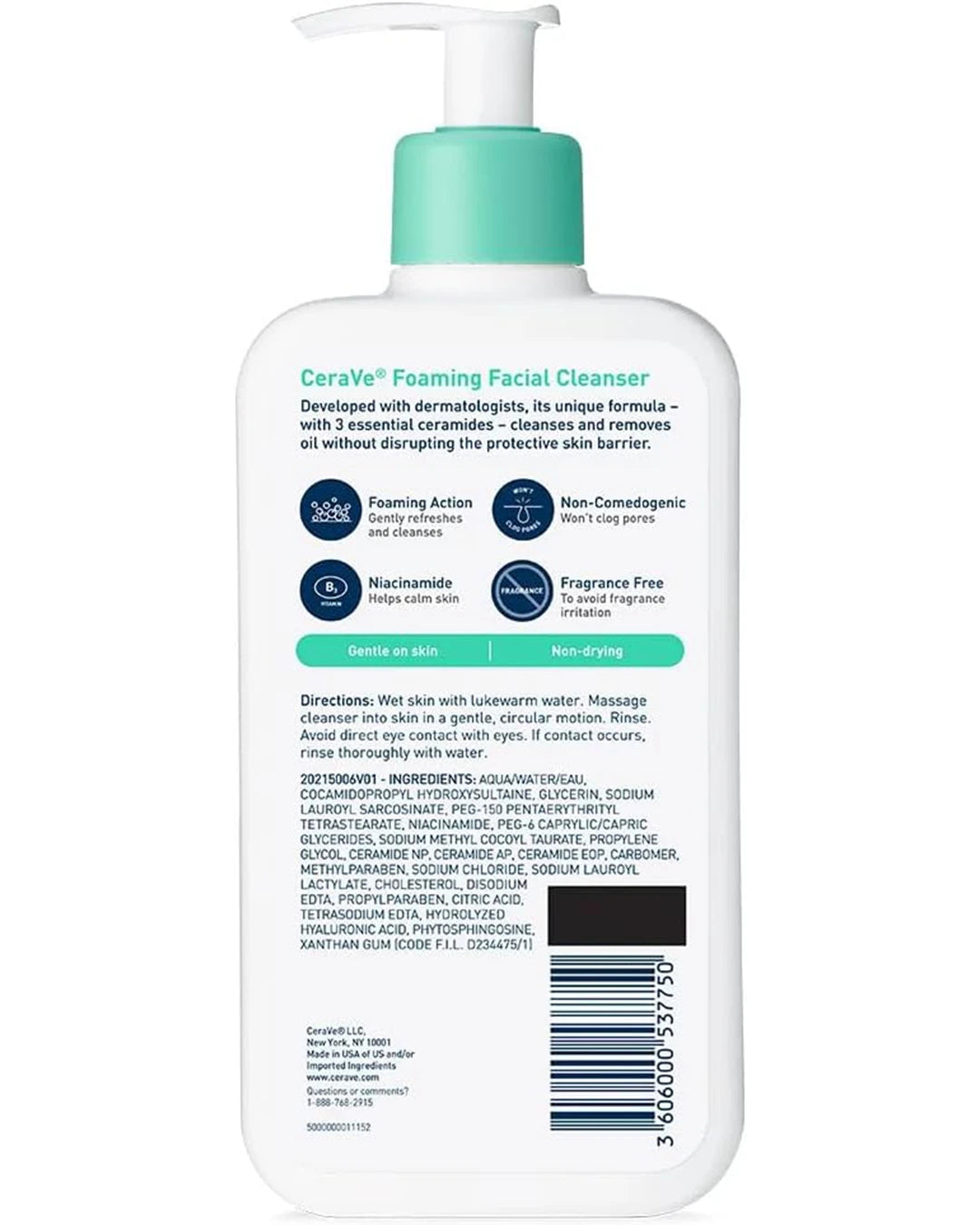 CeraVe Foaming Facial Cleanser 355ml back label with directions and ingredients