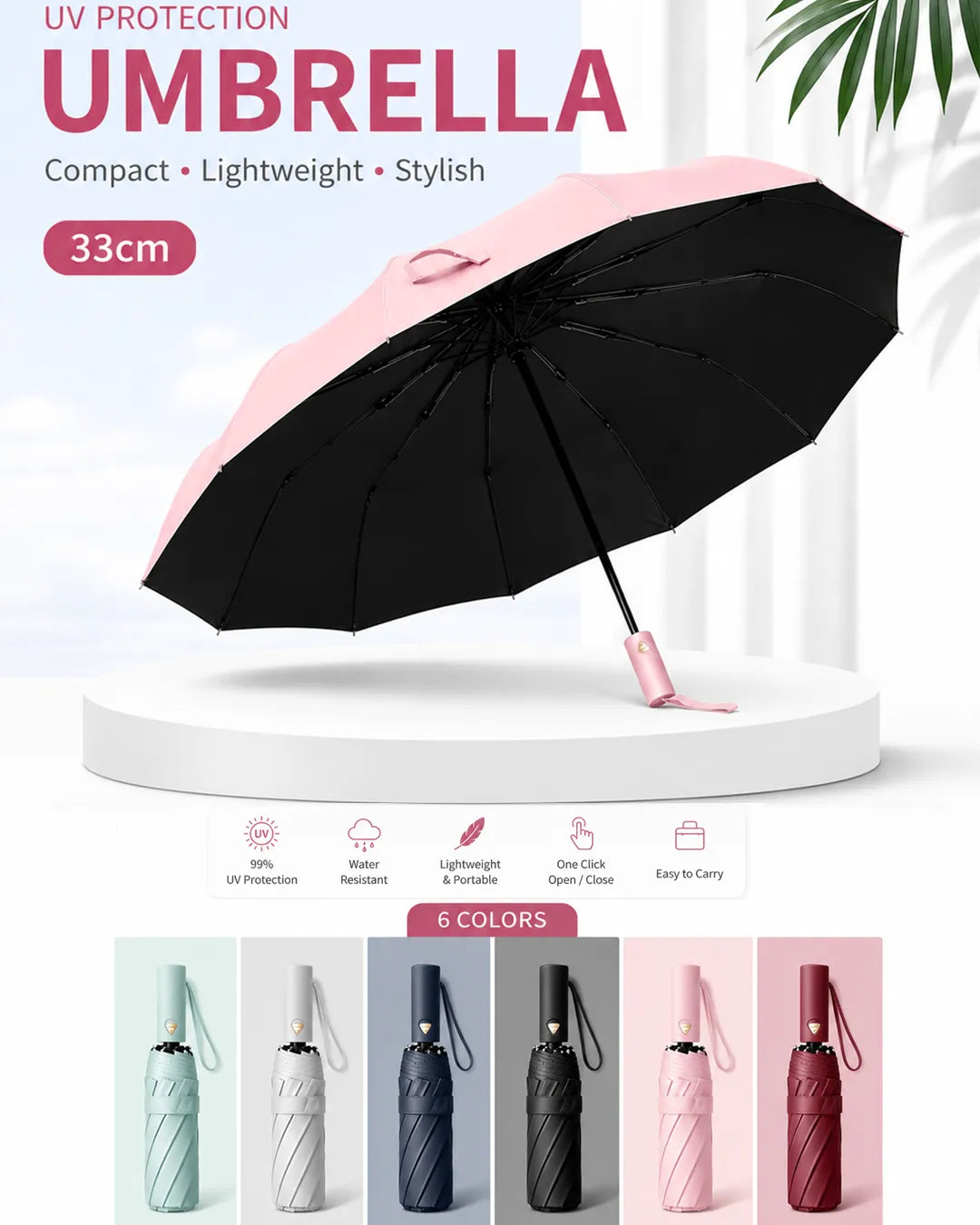 Compact UV protection folding umbrella 33cm lightweight waterproof portable umbrella