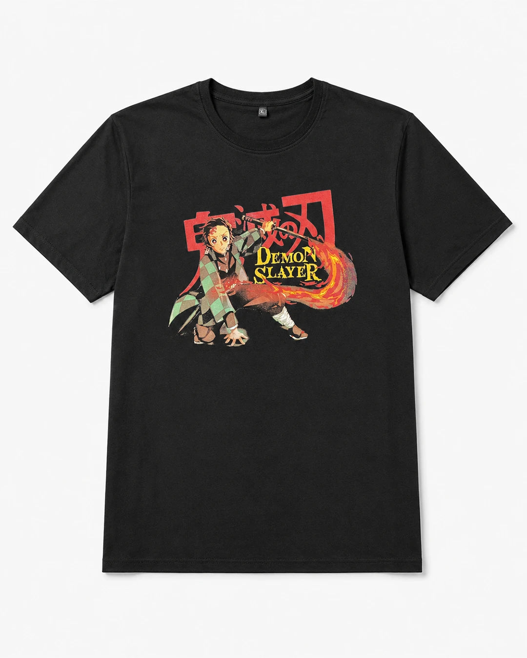 Demon Slayer Tanjiro black graphic T-shirt with colorful flame sword front print, 100% cotton