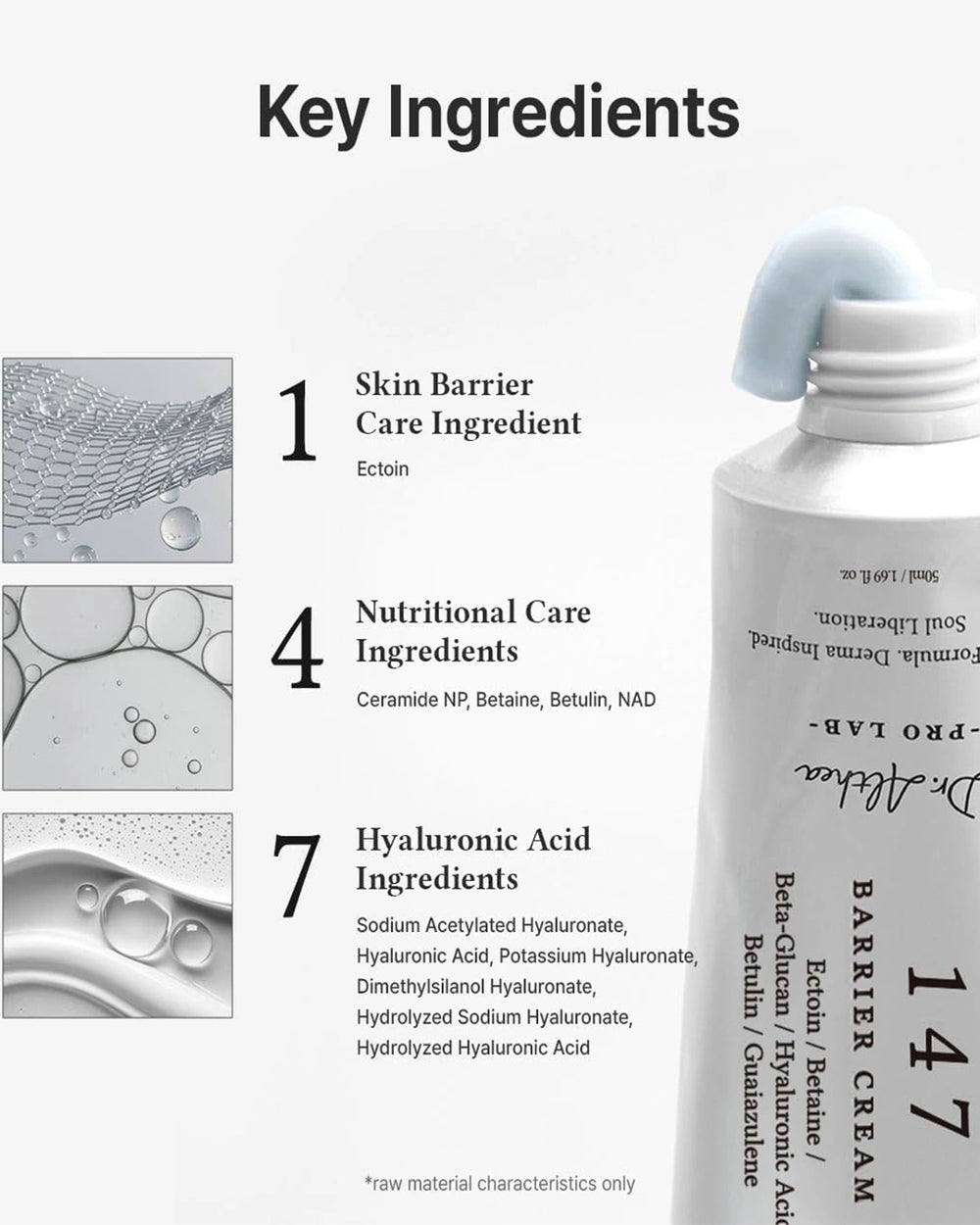 Dr. Althea 147 Barrier Cream key ingredients infographic highlighting barrier care ingredients, nutritional care ingredients and hyaluronic acid