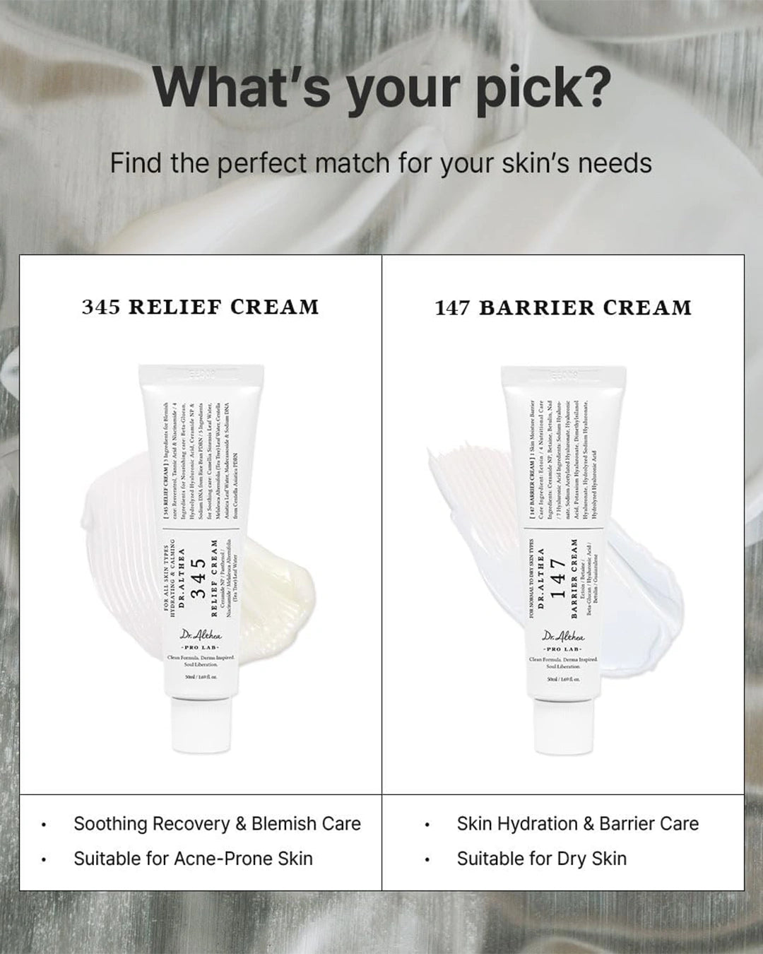 Dr. Althea 147 Barrier Cream compared with 345 Relief Cream to help choose the right Korean moisturizer for different skin needs